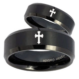 His Hers Flat Christian Cross Beveled Brush Black Tungsten Mens Promise Ring Set