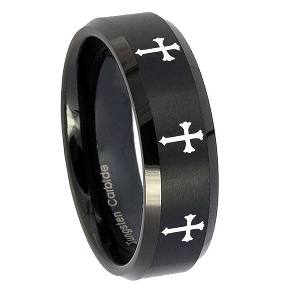 8mm Multiple Christian Cross Beveled Brush Black Tungsten Wedding Band Ring