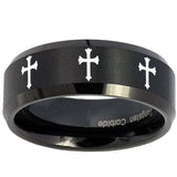 8mm Multiple Christian Cross Beveled Brush Black Tungsten Wedding Band Ring