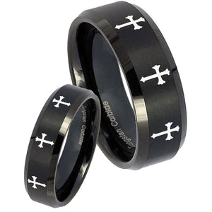 His Hers Multiple Christian Cross Beveled Brush Black Tungsten Men's Band Set