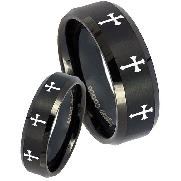 His Hers Multiple Christian Cross Beveled Brush Black Tungsten Men's Band Set