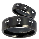 His Hers Multiple Christian Cross Beveled Brush Black Tungsten Men's Band Set