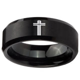 10mm Flat Christian Cross Beveled Brush Black Tungsten Wedding Engagement Ring