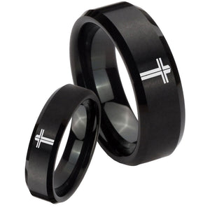 His Hers Flat Christian Cross Beveled Brush Black Tungsten Mens Ring Set