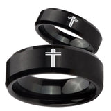 His Hers Flat Christian Cross Beveled Brush Black Tungsten Mens Ring Set