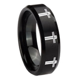 8mm Multiple Christian Cross Beveled Edges Brush Black Tungsten Engraved Ring