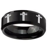 8mm Multiple Christian Cross Beveled Edges Brush Black Tungsten Engraved Ring