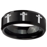 10mm Multiple Christian Cross Beveled Brush Black Tungsten Men's Engagement Ring