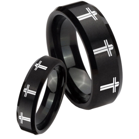 His Hers Multiple Christian Cross Beveled Brush Black Tungsten Men's Ring Set