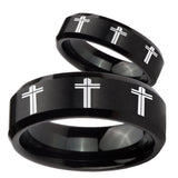 His Hers Multiple Christian Cross Beveled Brush Black Tungsten Men's Ring Set