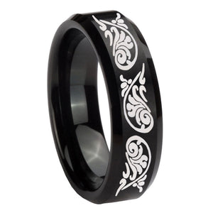8mm Etched Tribal Pattern Beveled Brush Black Tungsten Wedding Engraving Ring