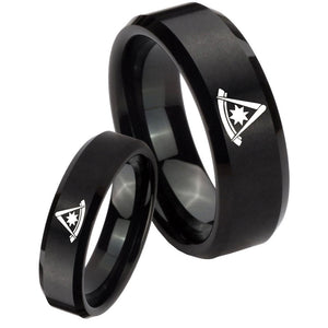 His Hers Pester Master Masonic Beveled Brush Black Tungsten Men Rings Set