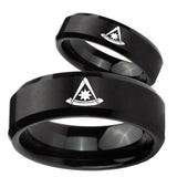 His Hers Pester Master Masonic Beveled Brush Black Tungsten Men Rings Set