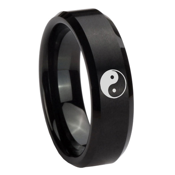 10mm Yin Yang Beveled Edges Brush Black Tungsten Carbide Engraved Ring