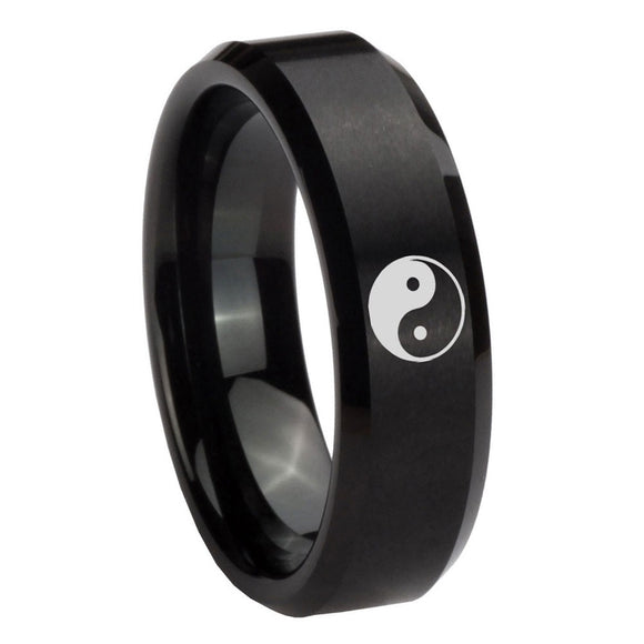 8mm Yin Yang Beveled Edges Brush Black Tungsten Carbide Engagement Ring