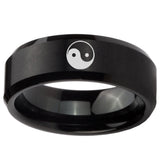 8mm Yin Yang Beveled Edges Brush Black Tungsten Carbide Engagement Ring