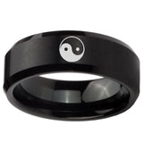 10mm Yin Yang Beveled Edges Brush Black Tungsten Carbide Engraved Ring