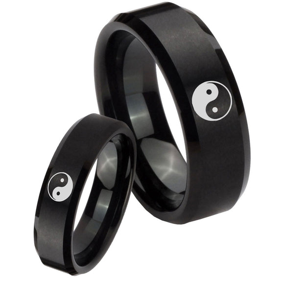 His Hers Yin Yang Beveled Edges Brush Black Tungsten Mens Ring Personalized Set