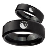 His Hers Yin Yang Beveled Edges Brush Black Tungsten Mens Ring Personalized Set