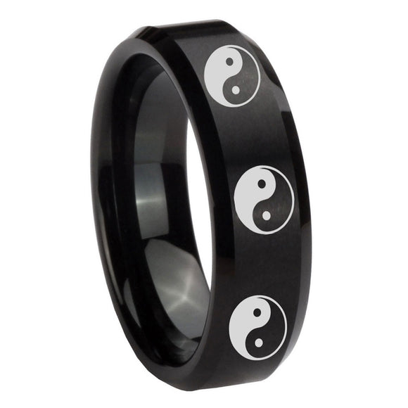 8mm Multiple Yin Yang Beveled Edges Brush Black Tungsten Carbide Engraved Ring