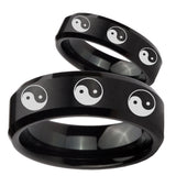 His Hers Multiple Yin Yang Beveled Brush Black Tungsten Mens Wedding Band Set