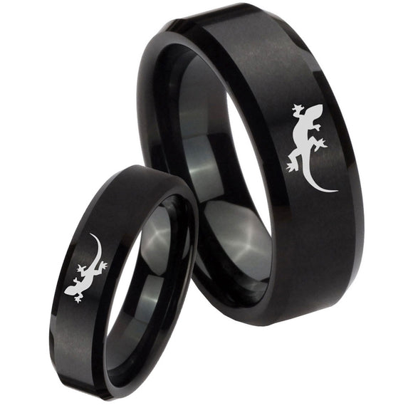 His Hers Lizard Beveled Edges Brush Black Tungsten Men's Wedding Band Set