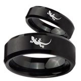 His Hers Lizard Beveled Edges Brush Black Tungsten Men's Wedding Band Set