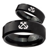 His Hers Anchor Beveled Edges Brush Black Tungsten Men's Wedding Ring Set