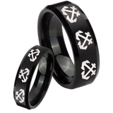 His Hers Multiple Anchor Beveled Edges Brush Black Tungsten Ring Set