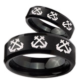 His Hers Multiple Anchor Beveled Edges Brush Black Tungsten Ring Set