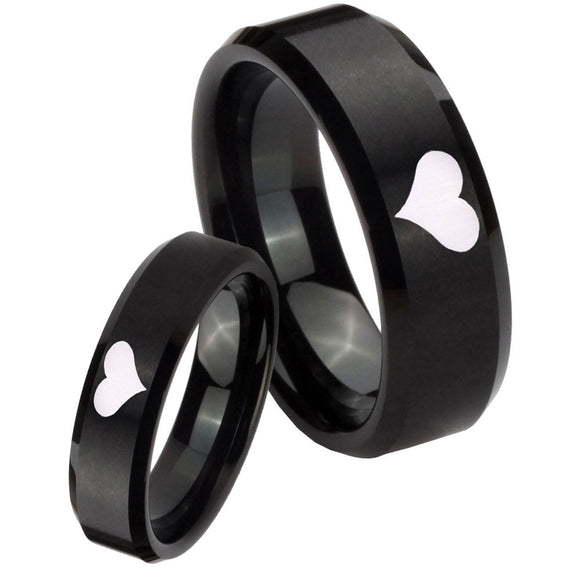 His and Hers Heart Beveled Edges Brush Black Tungsten Anniversary Ring Set