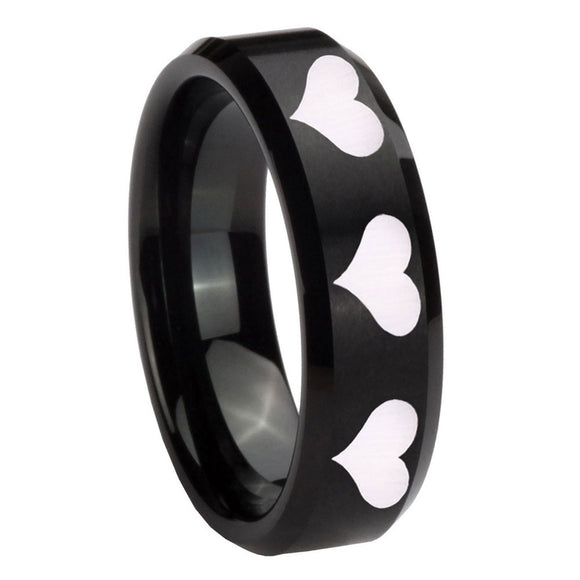 8mm Multiple Heart Beveled Edges Brush Black Tungsten Mens Ring Engraved