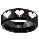 8mm Multiple Heart Beveled Edges Brush Black Tungsten Mens Ring Engraved