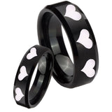 His Hers Multiple Heart Beveled Edges Brush Black Tungsten Bands Ring Set