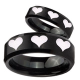 His Hers Multiple Heart Beveled Edges Brush Black Tungsten Bands Ring Set