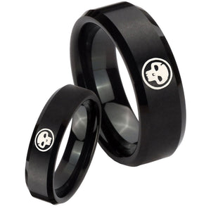 His and Hers Skull Beveled Edges Brush Black Tungsten Rings for Men Set