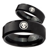 His and Hers Skull Beveled Edges Brush Black Tungsten Rings for Men Set