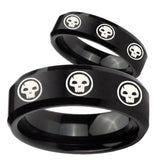 His Hers Multiple Skull Beveled Edges Brush Black Tungsten Wedding Band Mens Set