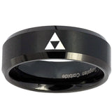8mm Zelda Triforce Beveled Edges Brush Black Tungsten Carbide Custom Mens Ring