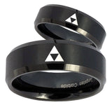 His Hers Zelda Triforce Beveled Edges Brush Black Tungsten Men's Ring Set