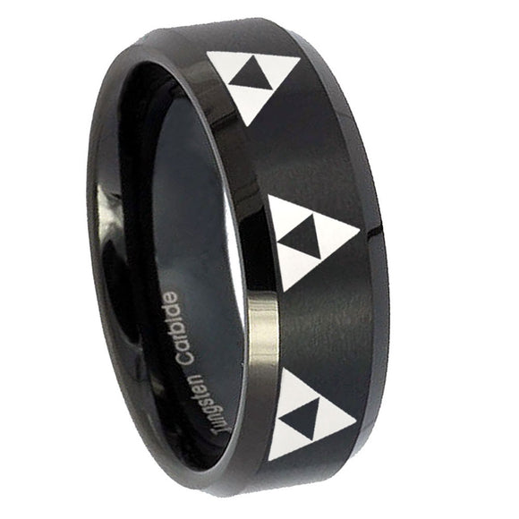 8mm Multiple Zelda Triforce Beveled Brush Black Tungsten Custom Ring for Men