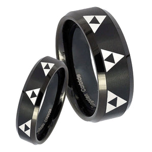 His Hers Multiple Zelda Triforce Beveled Brush Black Tungsten Ring Set