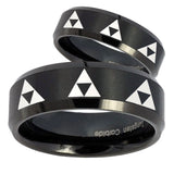 His Hers Multiple Zelda Triforce Beveled Brush Black Tungsten Ring Set