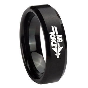 8MM Brush Black Beveled Edges Air Force Tungsten Laser Engraved Ring