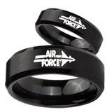 His Her Black Brush Beveled Air Force Tungsten Carbide Wedding Rings Set