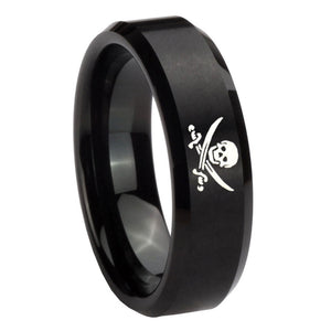 10mm Skull Pirate Beveled Edges Brush Black Tungsten Men's Promise Rings