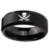 8mm Skull Pirate Beveled Edges Brush Black Tungsten Carbide Mens Promise Ring