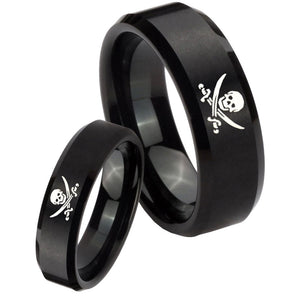 His Hers Skull Pirate Beveled Edges Brush Black Tungsten Men's Ring Set