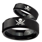 His Hers Skull Pirate Beveled Edges Brush Black Tungsten Men's Ring Set