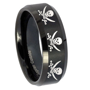 10mm Multiple Skull Pirate Beveled Edges Brush Black Tungsten Engraved Ring